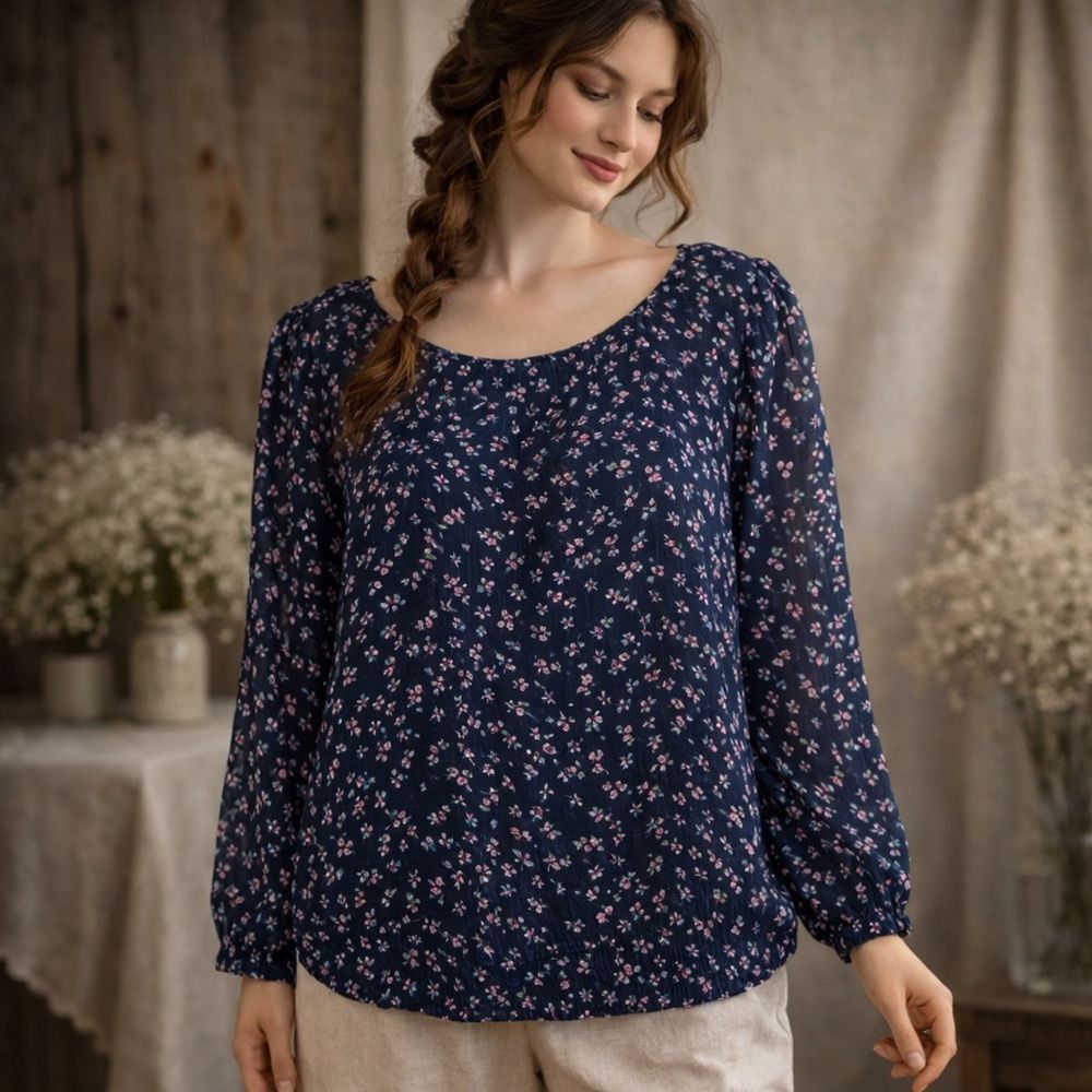 LC Lauren Conrad Women's Floral Long Sleeve Navy Multicolored Blouse Size Small